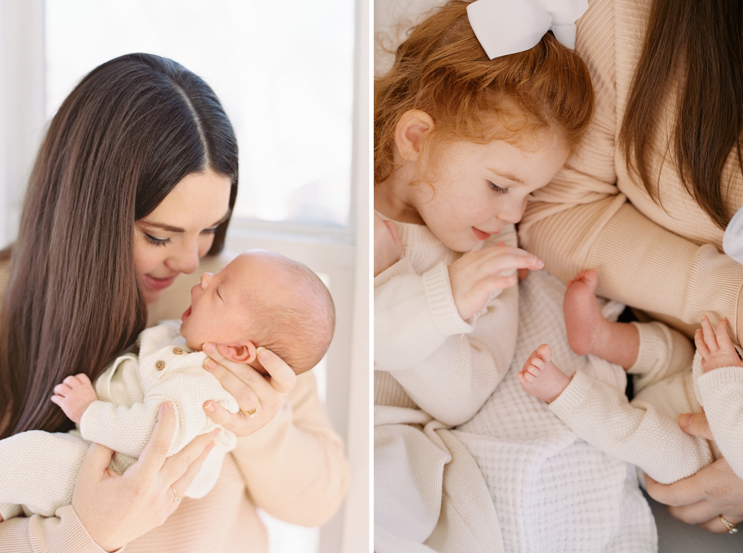 Kansas City in-home newborn photography mom snuggling newborn and big sister counting baby toes