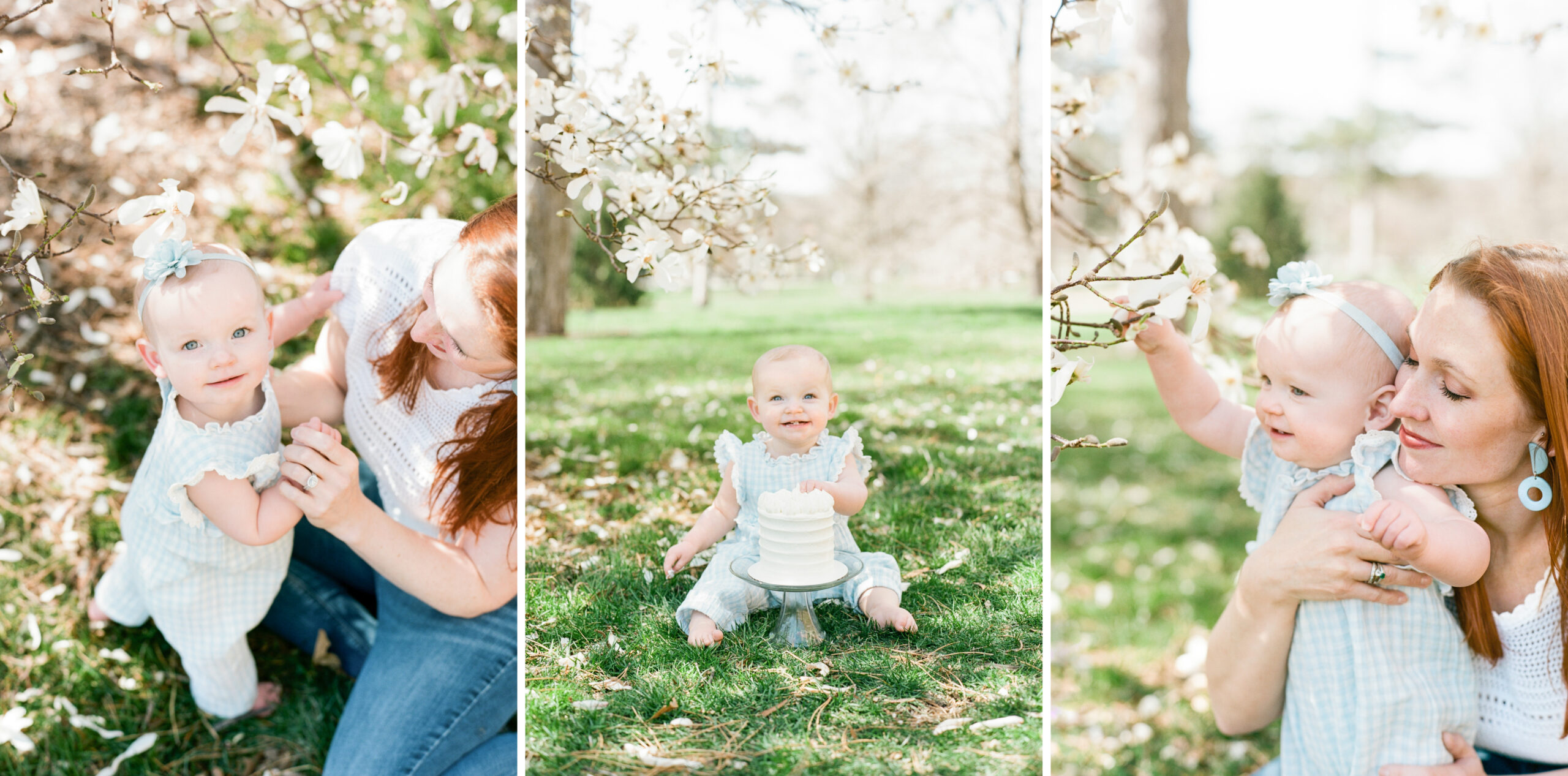 First birthday and mother daughter portraits with white blooming spring trees in Kansas City with little 1st birthday smash cake